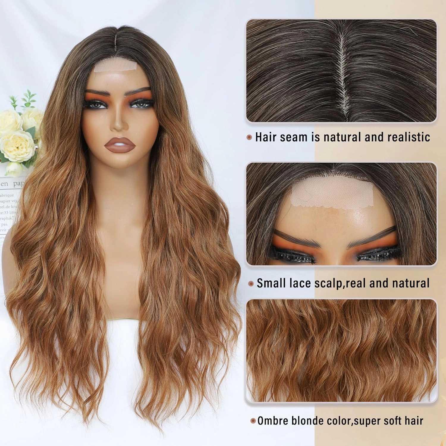 Ombre Brown Wig for Women, Long Ombre Brown Wavy Wig Middle Part 26 Inch Ombre Brown Wigs Natural Looking Heat Resistant Synthetic Wig for Daily Party Use