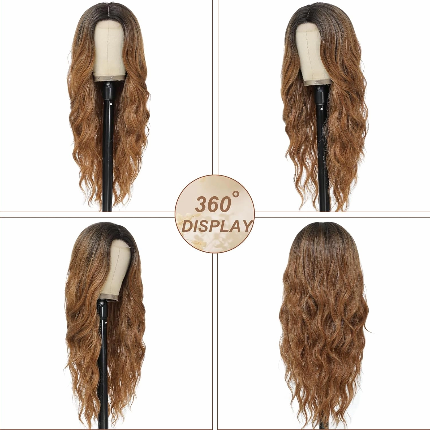 Ombre Brown Wig for Women, Long Ombre Brown Wavy Wig Middle Part 26 Inch Ombre Brown Wigs Natural Looking Heat Resistant Synthetic Wig for Daily Party Use