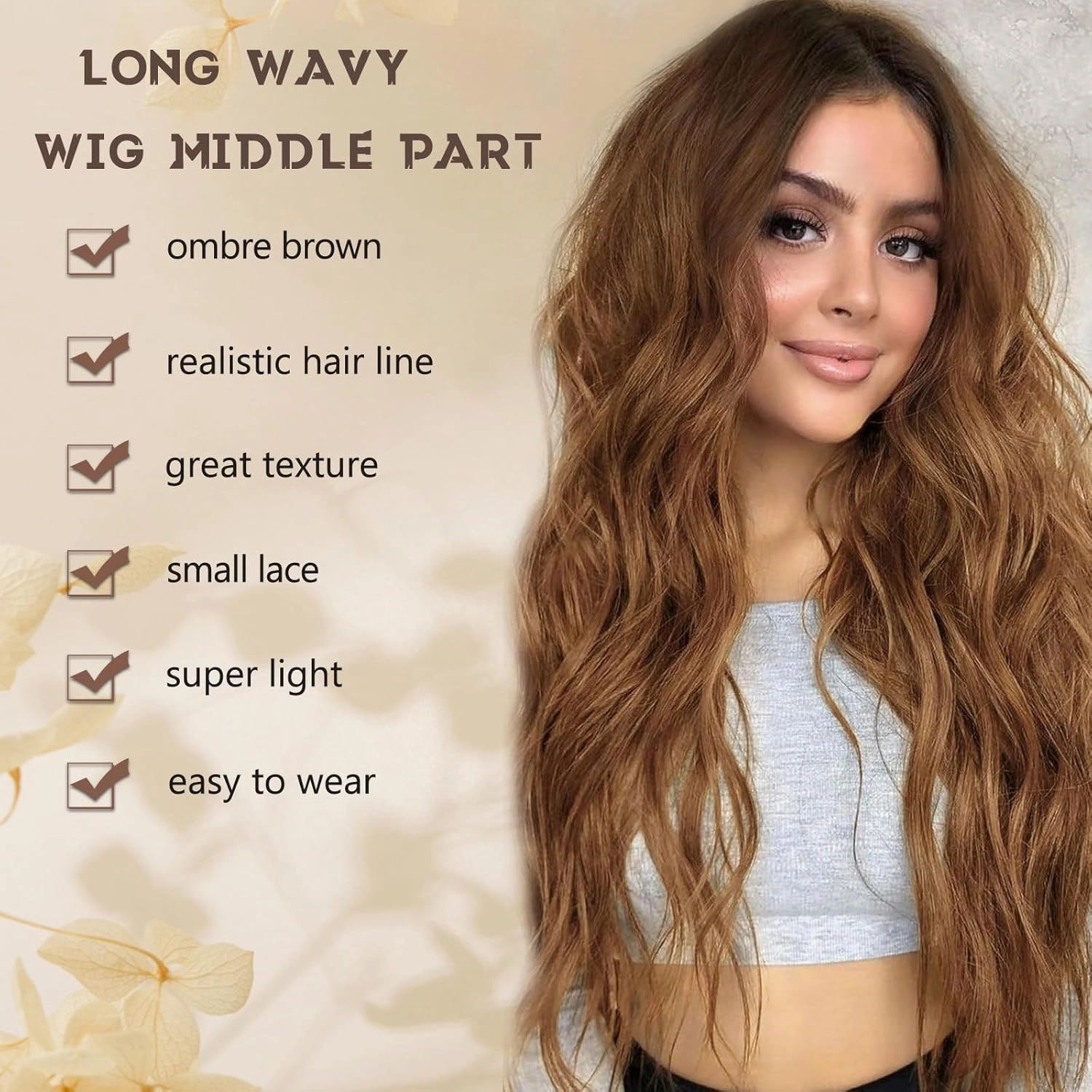 Ombre Brown Wig for Women, Long Ombre Brown Wavy Wig Middle Part 26 Inch Ombre Brown Wigs Natural Looking Heat Resistant Synthetic Wig for Daily Party Use