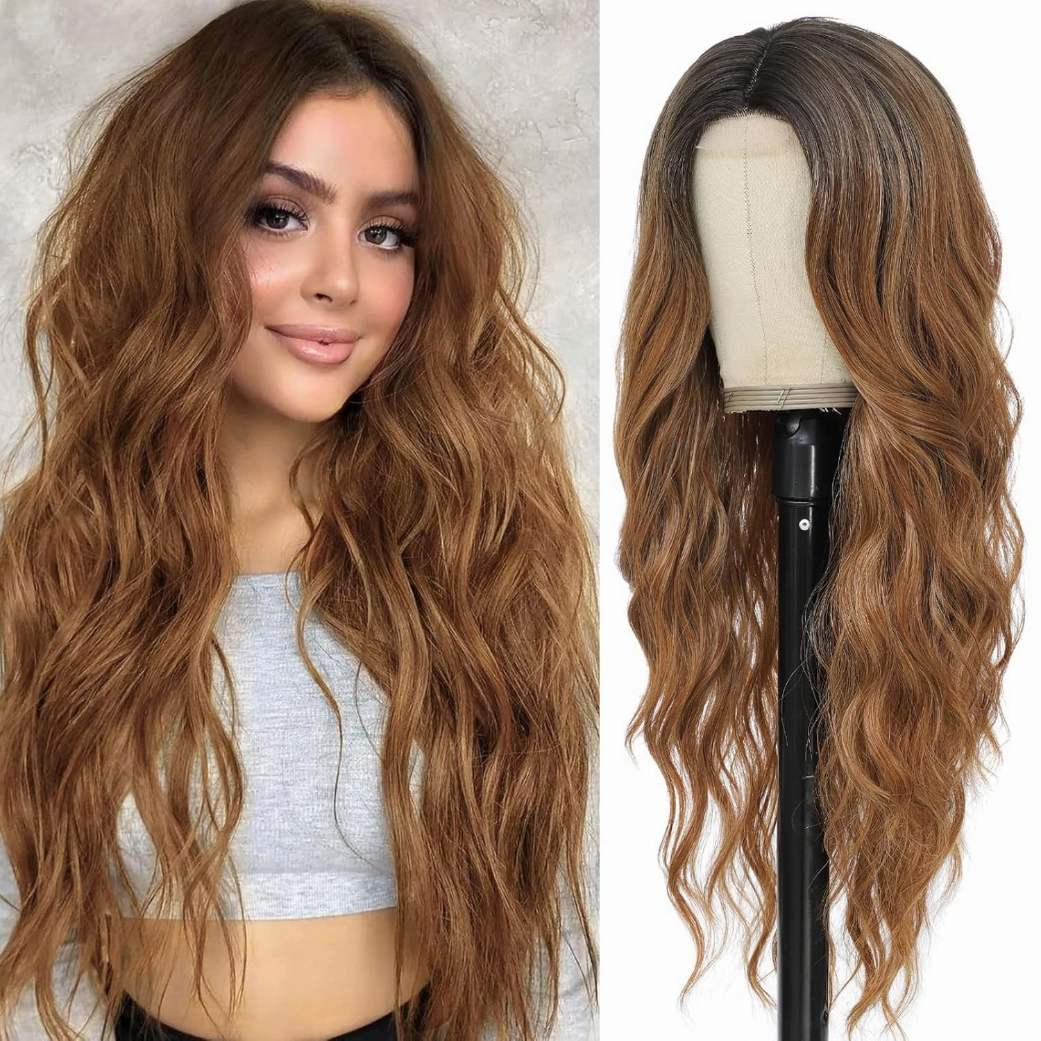 Ombre Brown Wig for Women, Long Ombre Brown Wavy Wig Middle Part 26 Inch Ombre Brown Wigs Natural Looking Heat Resistant Synthetic Wig for Daily Party Use