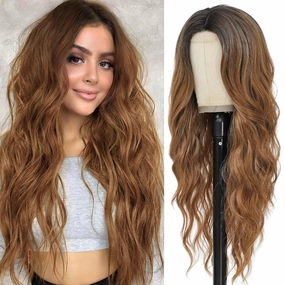 Ombre Brown Wig for Women, Long Ombre Brown Wavy Wig Middle Part 26 Inch Ombre Brown Wigs Natural Looking Heat Resistant Synthetic Wig for Daily Party Use