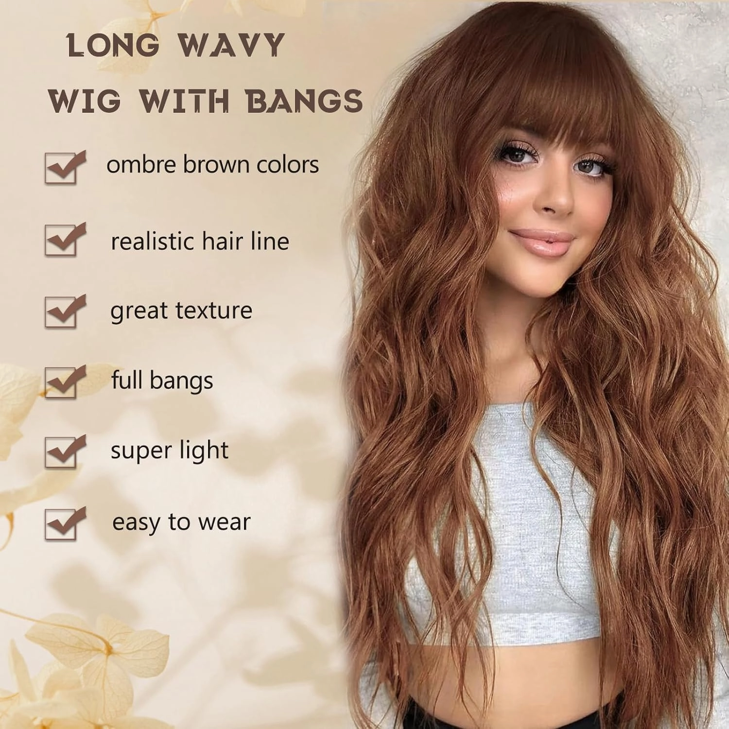 Ombre Brown Wig with Bangs for Women Long Ombre Brown Wavy Wigs 26 Inch Brown Wigs Natural Looking Heat Resistant Synthetic Wig for Daily Party Use