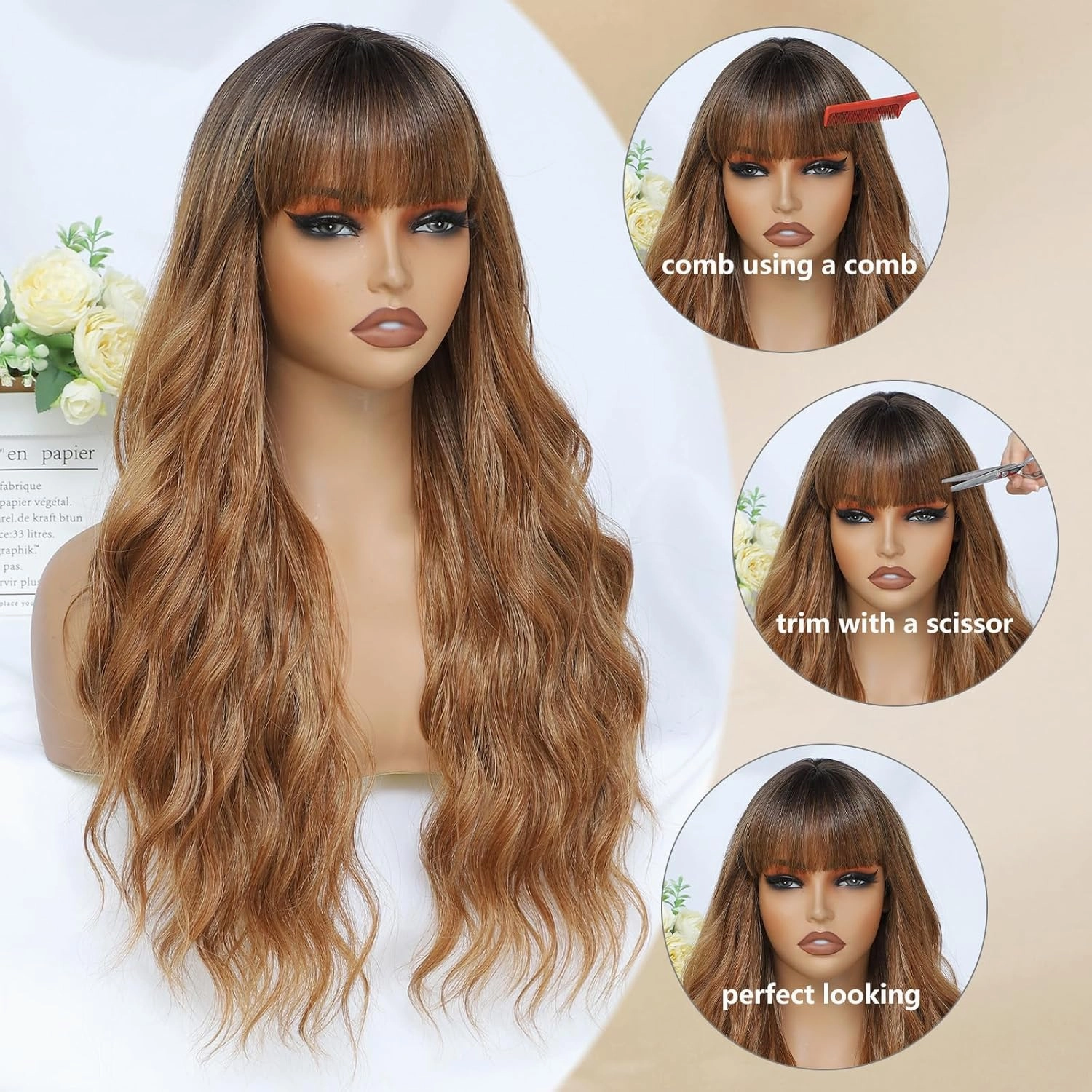 Ombre Brown Wig with Bangs for Women Long Ombre Brown Wavy Wigs 26 Inch Brown Wigs Natural Looking Heat Resistant Synthetic Wig for Daily Party Use