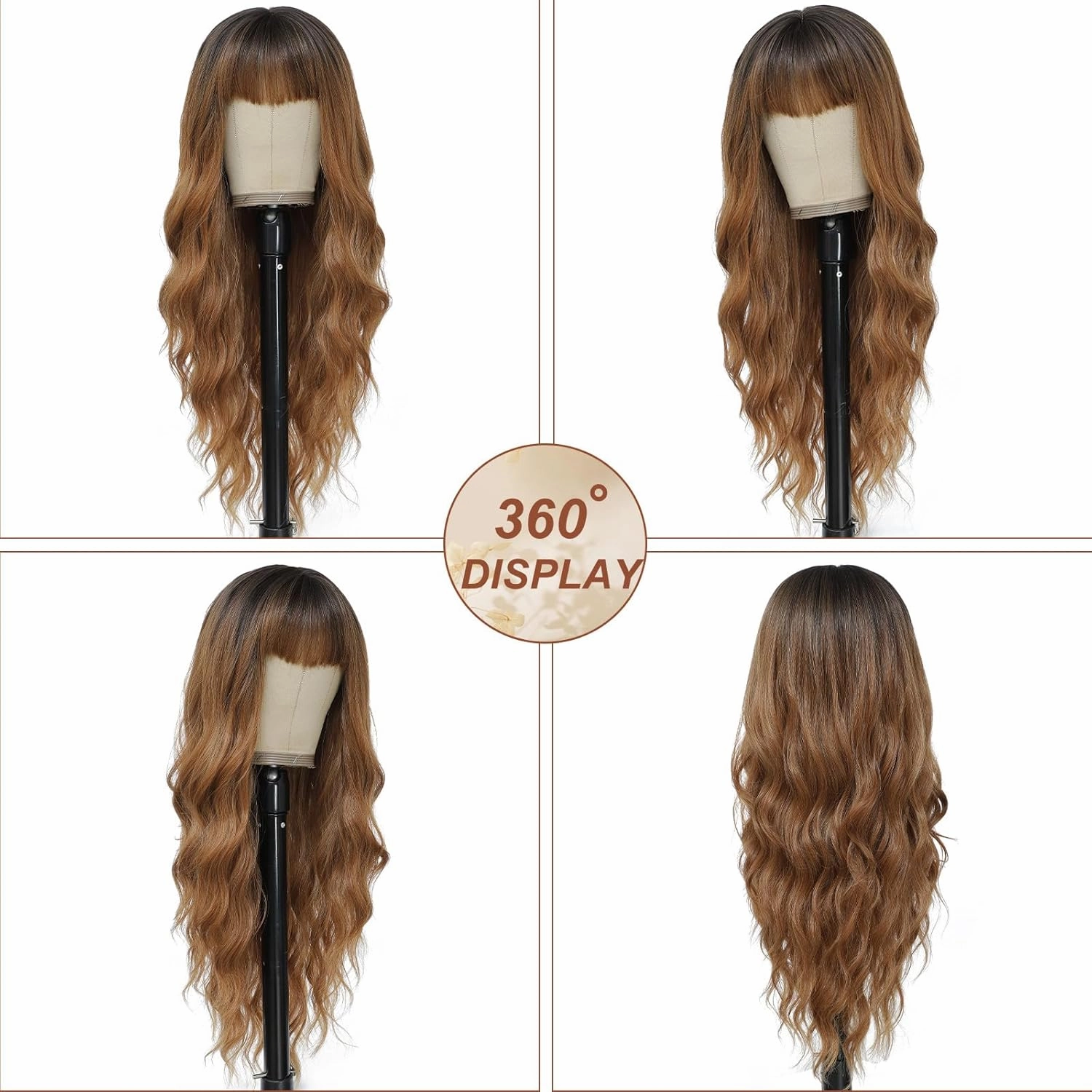 Ombre Brown Wig with Bangs for Women Long Ombre Brown Wavy Wigs 26 Inch Brown Wigs Natural Looking Heat Resistant Synthetic Wig for Daily Party Use