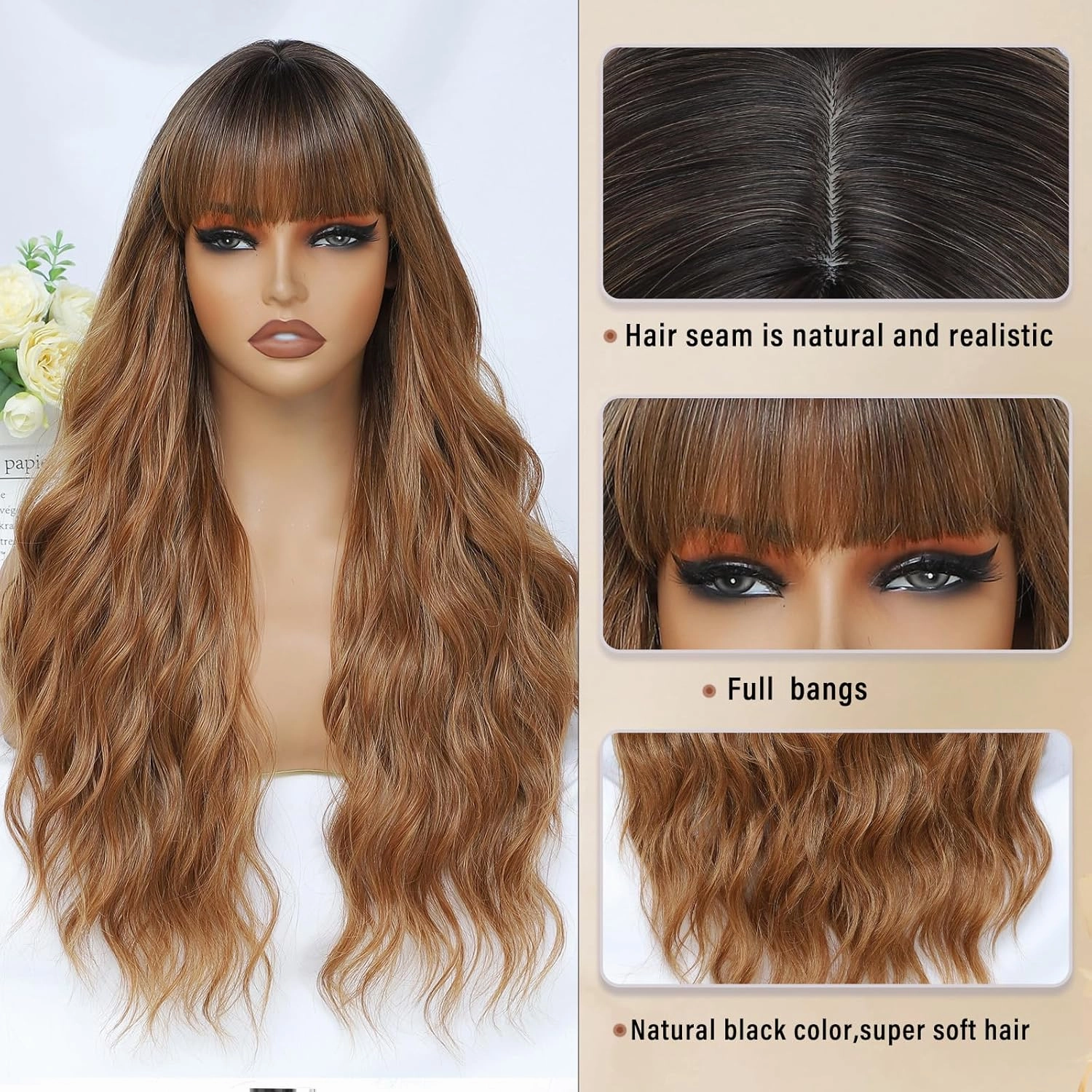 Ombre Brown Wig with Bangs for Women Long Ombre Brown Wavy Wigs 26 Inch Brown Wigs Natural Looking Heat Resistant Synthetic Wig for Daily Party Use