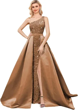 One Shoulder Sequin Prom Dress 2025 with Detachable Satin Ball Gown Sparkly Formal Evening Gowns for Women with Cape