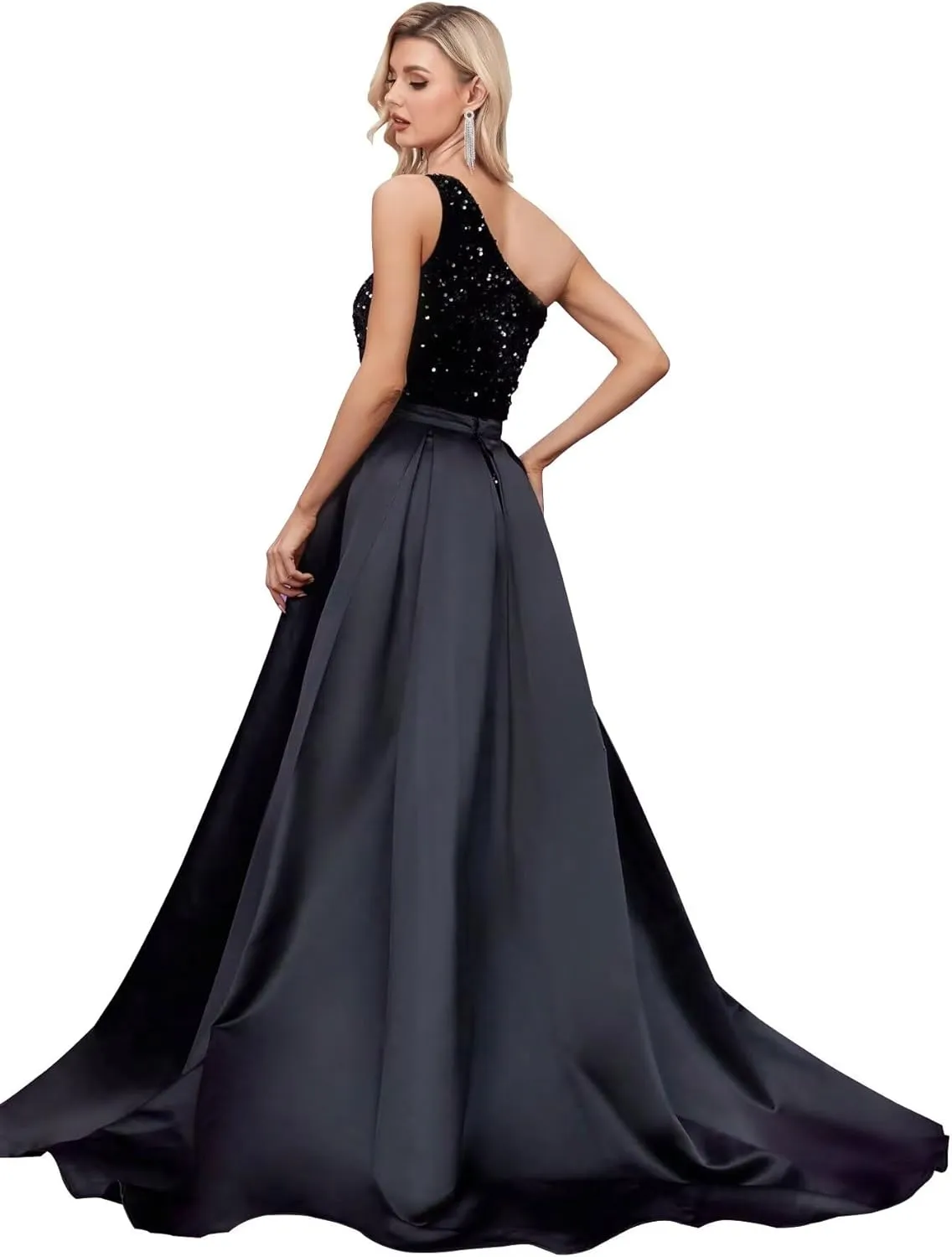 One Shoulder Sequin Prom Dress 2025 with Detachable Satin Ball Gown Sparkly Formal Evening Gowns for Women with Cape