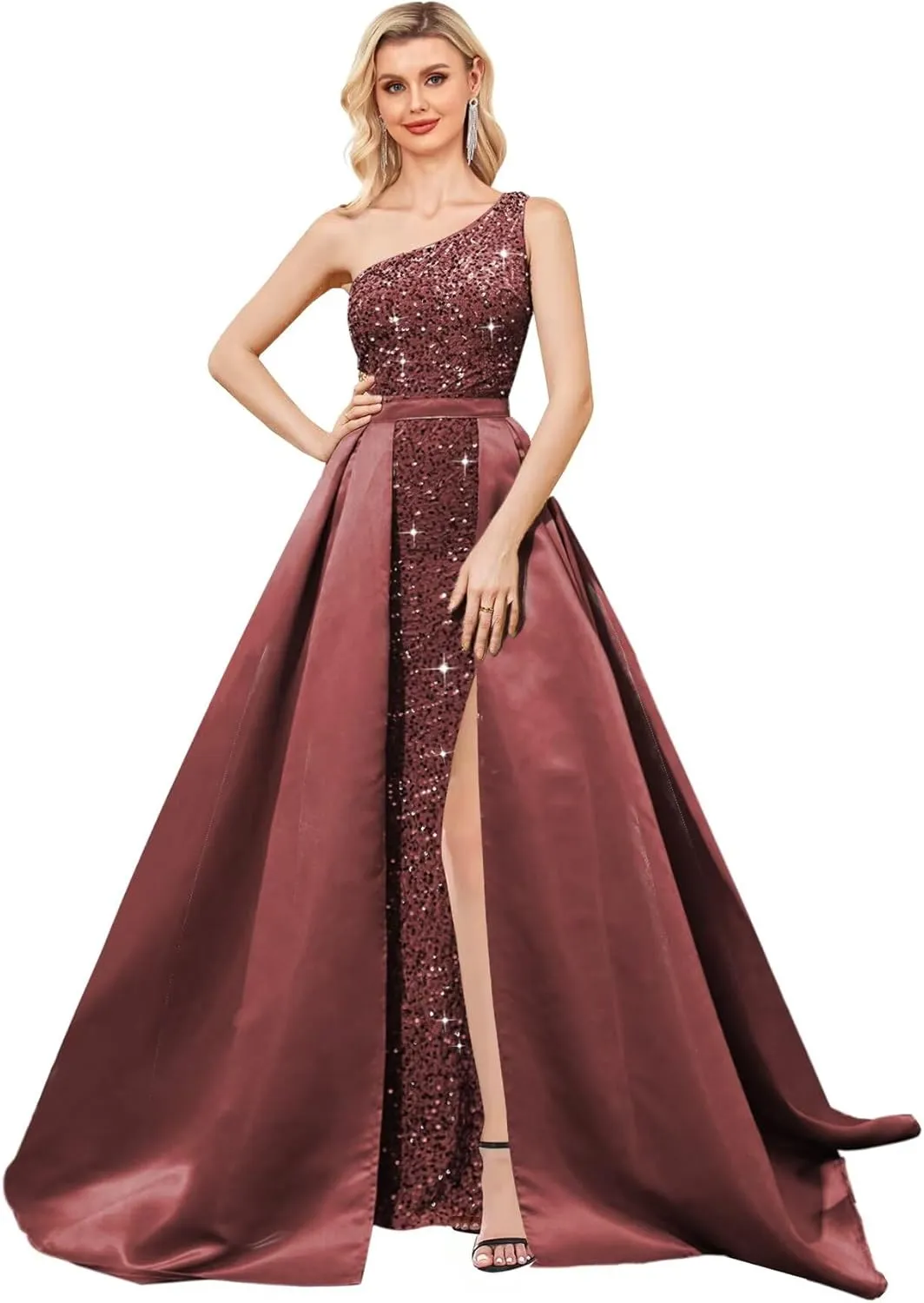 One Shoulder Sequin Prom Dress 2025 with Detachable Satin Ball Gown Sparkly Formal Evening Gowns for Women with Cape