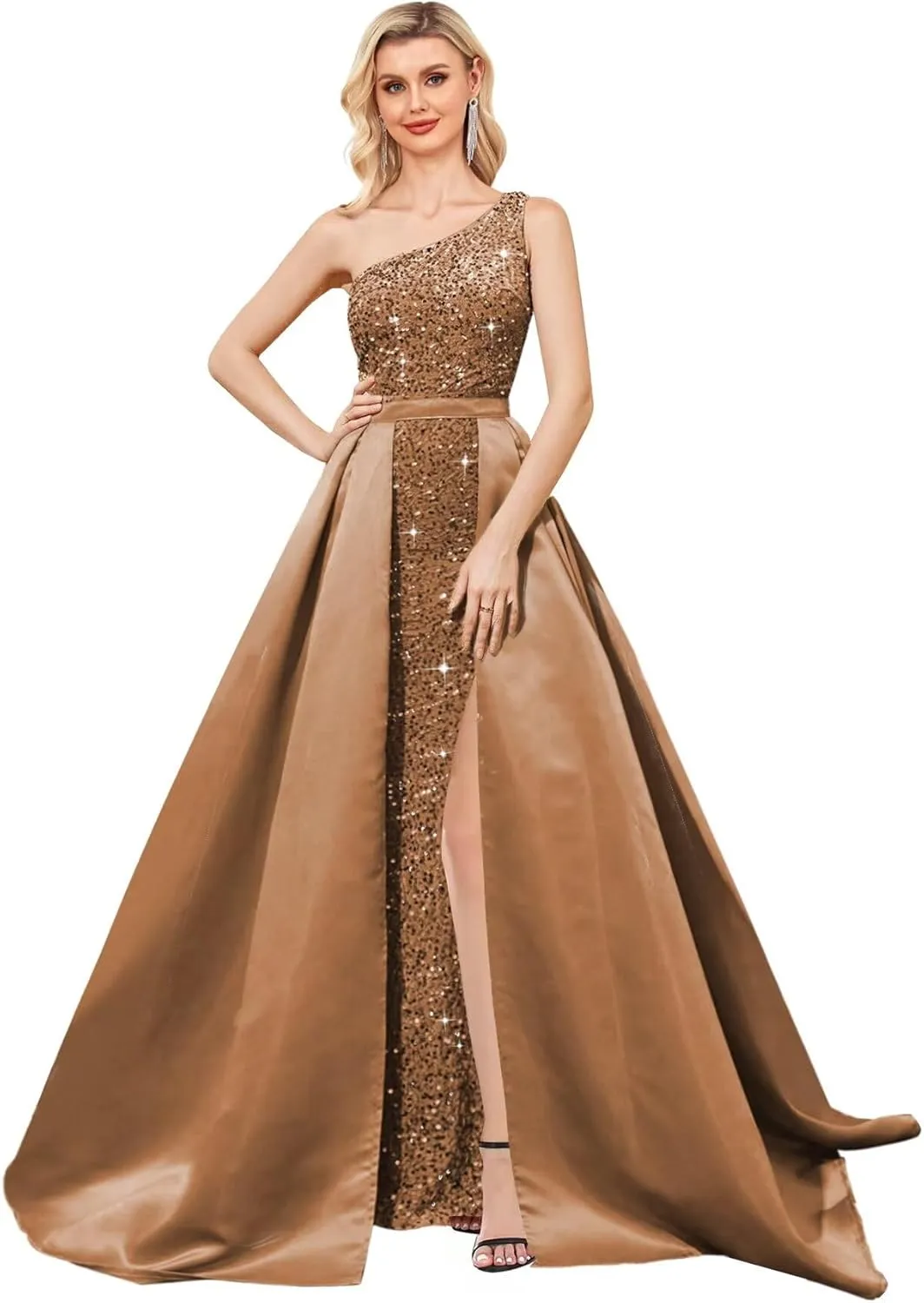 One Shoulder Sequin Prom Dress 2025 with Detachable Satin Ball Gown Sparkly Formal Evening Gowns for Women with Cape