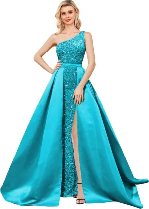 One Shoulder Sequin Prom Dress 2025 with Detachable Satin Ball Gown Sparkly Formal Evening Gowns for Women with Cape