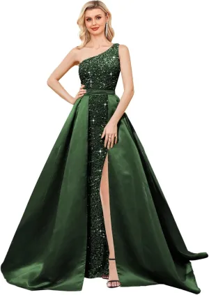 One Shoulder Sequin Prom Dress 2025 with Detachable Satin Ball Gown Sparkly Formal Evening Gowns for Women with Cape