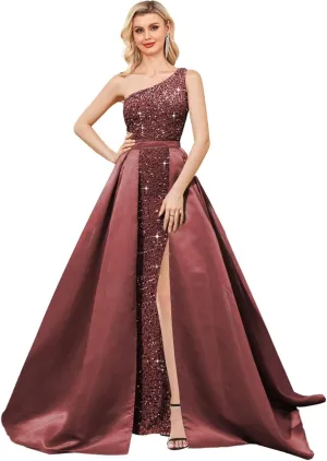 One Shoulder Sequin Prom Dress 2025 with Detachable Satin Ball Gown Sparkly Formal Evening Gowns for Women with Cape