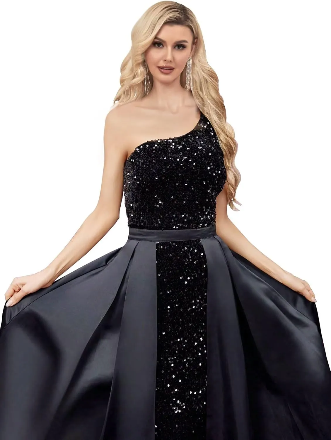 One Shoulder Sequin Prom Dress 2025 with Detachable Satin Ball Gown Sparkly Formal Evening Gowns for Women with Cape
