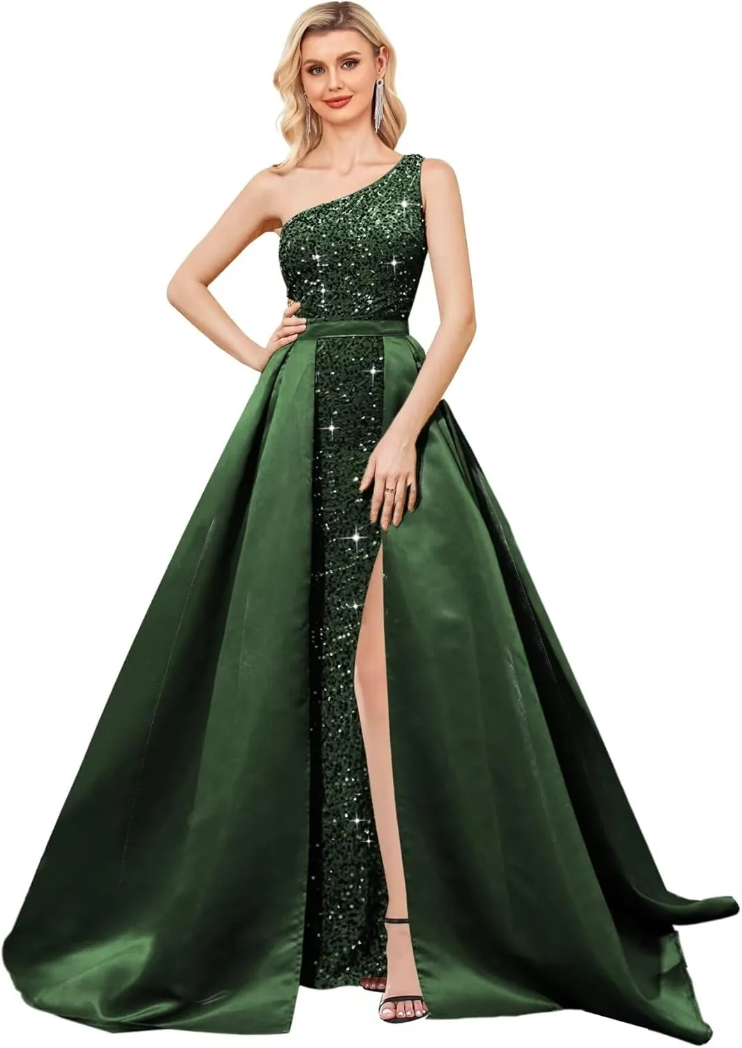 One Shoulder Sequin Prom Dress 2025 with Detachable Satin Ball Gown Sparkly Formal Evening Gowns for Women with Cape