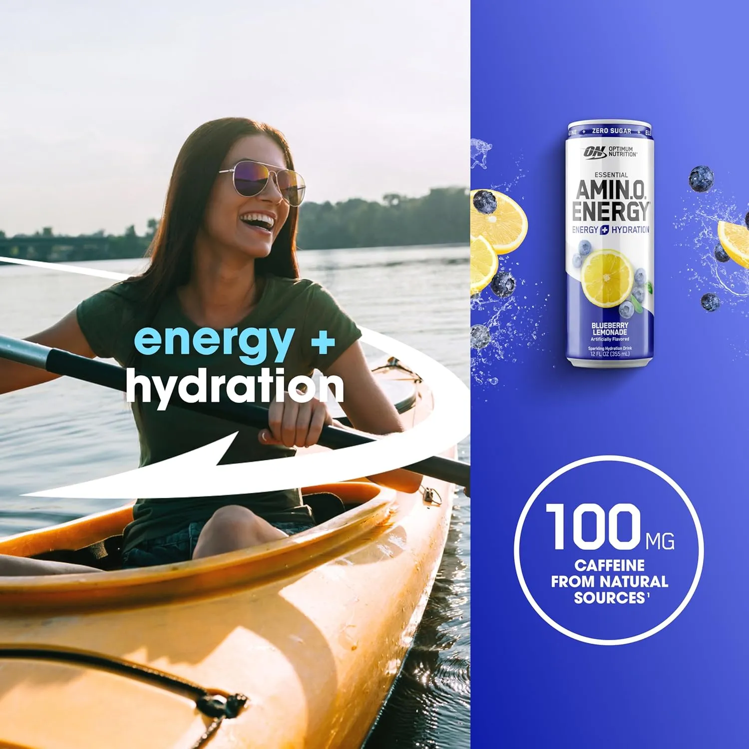 Optimum Nutrition Amino Energy Sparkling Hydration Drink, Electrolytes, Caffeine, Amino Acids, BCAAs, Sugar Free, Blueberry Lemonade, 12 Fl Oz, 12 Pack (Packaging May Vary)