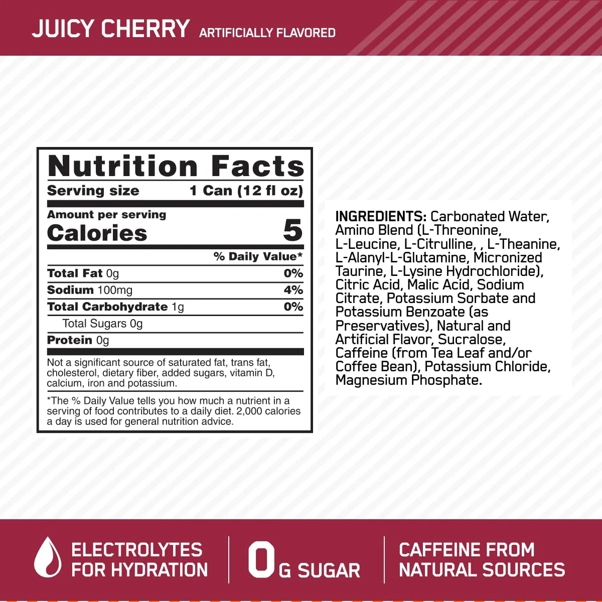 Optimum Nutrition Amino Energy Sparkling Hydration Drink, Electrolytes, Caffeine, Amino Acids, BCAAs, Sugar Free, Juicy Cherry, 12 Fl Oz, 12 Pack (Packaging May Vary)