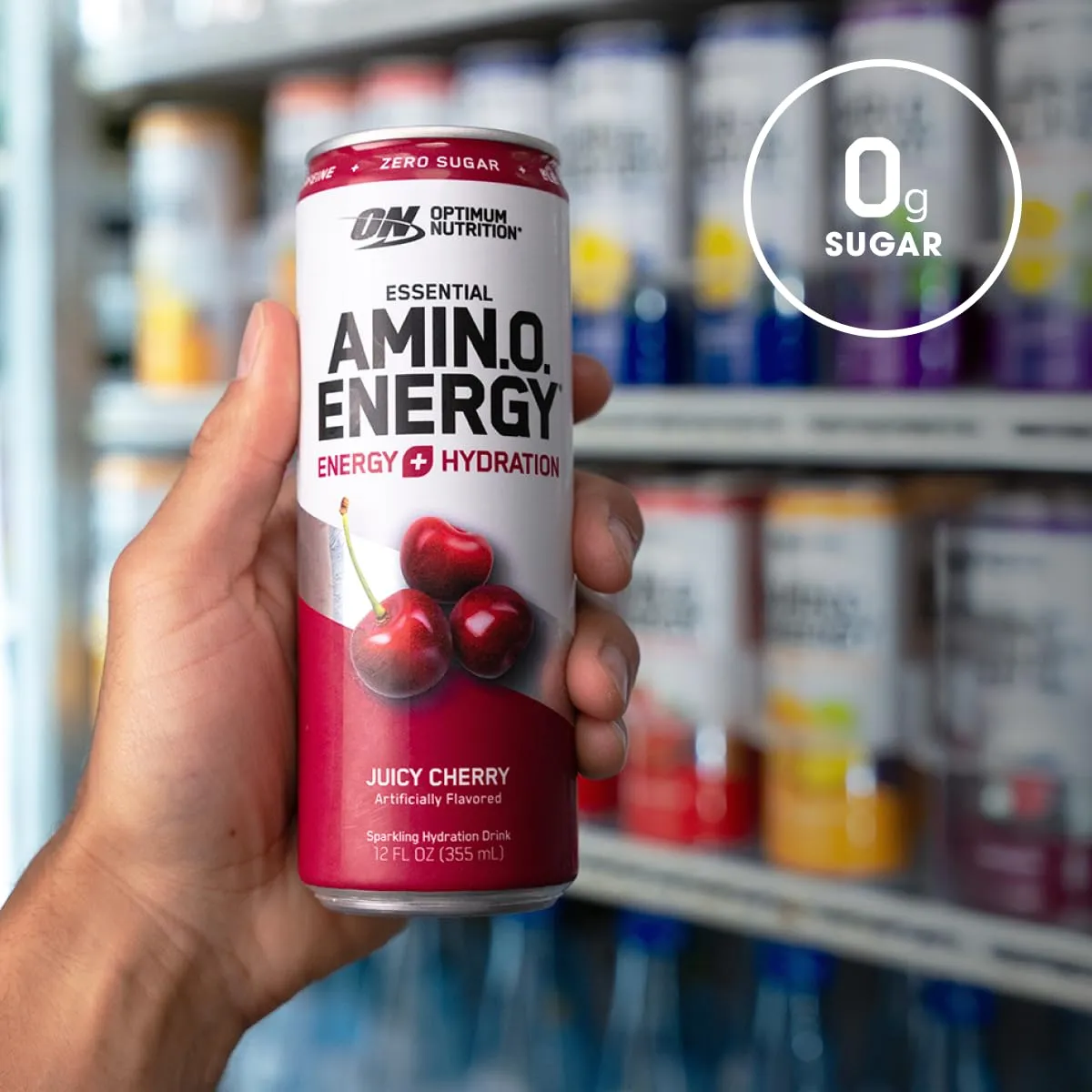 Optimum Nutrition Amino Energy Sparkling Hydration Drink, Electrolytes, Caffeine, Amino Acids, BCAAs, Sugar Free, Juicy Cherry, 12 Fl Oz, 12 Pack (Packaging May Vary)