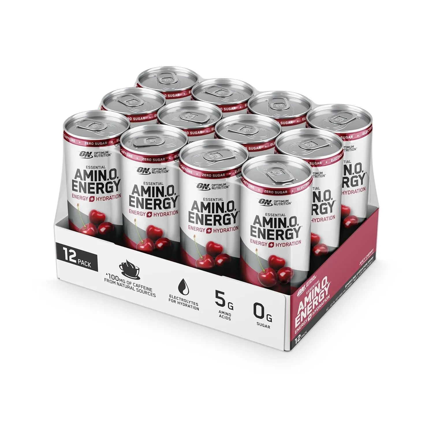 Optimum Nutrition Amino Energy Sparkling Hydration Drink, Electrolytes, Caffeine, Amino Acids, BCAAs, Sugar Free, Juicy Cherry, 12 Fl Oz, 12 Pack (Packaging May Vary)
