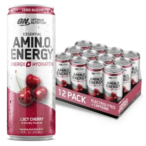 Optimum Nutrition Amino Energy Sparkling Hydration Drink, Electrolytes, Caffeine, Amino Acids, BCAAs, Sugar Free, Juicy Cherry, 12 Fl Oz, 12 Pack (Packaging May Vary)