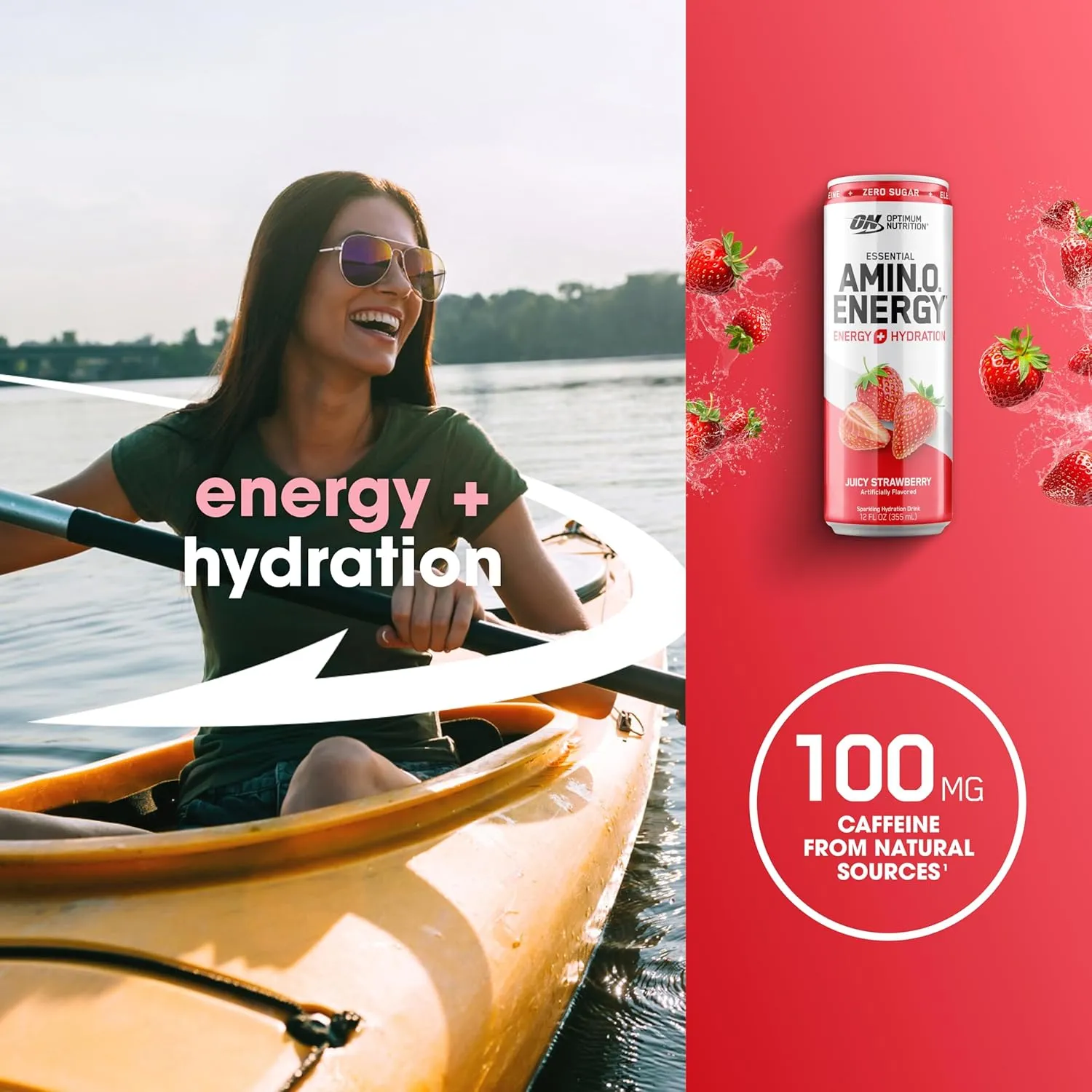 Optimum Nutrition Amino Energy Sparkling Hydration Drink, Electrolytes, Caffeine, Amino Acids, BCAAs, Sugar Free, Juicy Strawberry, 12 Fl Oz, 12 Pack (Packaging May Vary)