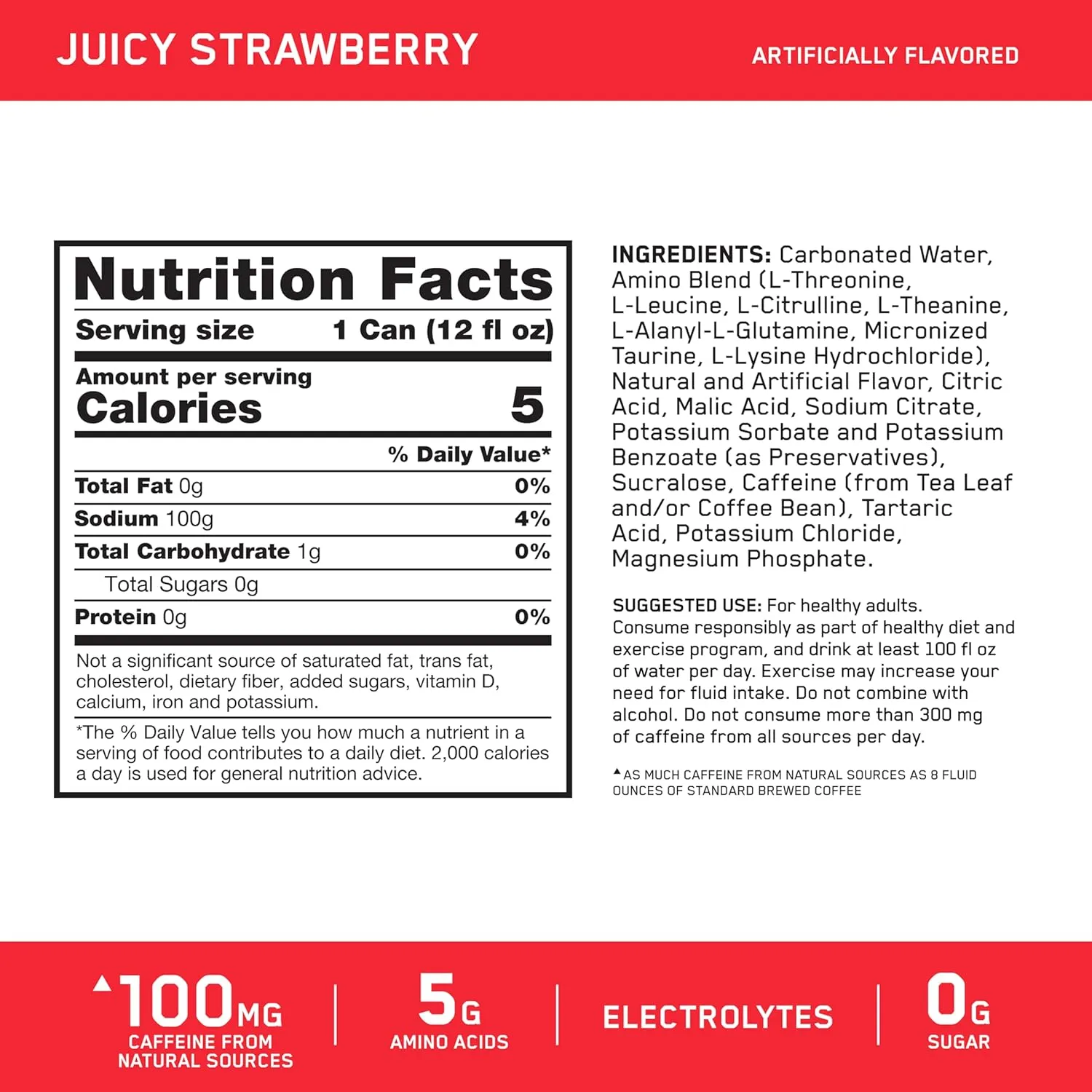 Optimum Nutrition Amino Energy Sparkling Hydration Drink, Electrolytes, Caffeine, Amino Acids, BCAAs, Sugar Free, Juicy Strawberry, 12 Fl Oz, 12 Pack (Packaging May Vary)
