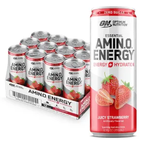 Optimum Nutrition Amino Energy Sparkling Hydration Drink, Electrolytes, Caffeine, Amino Acids, BCAAs, Sugar Free, Juicy Strawberry, 12 Fl Oz, 12 Pack (Packaging May Vary)