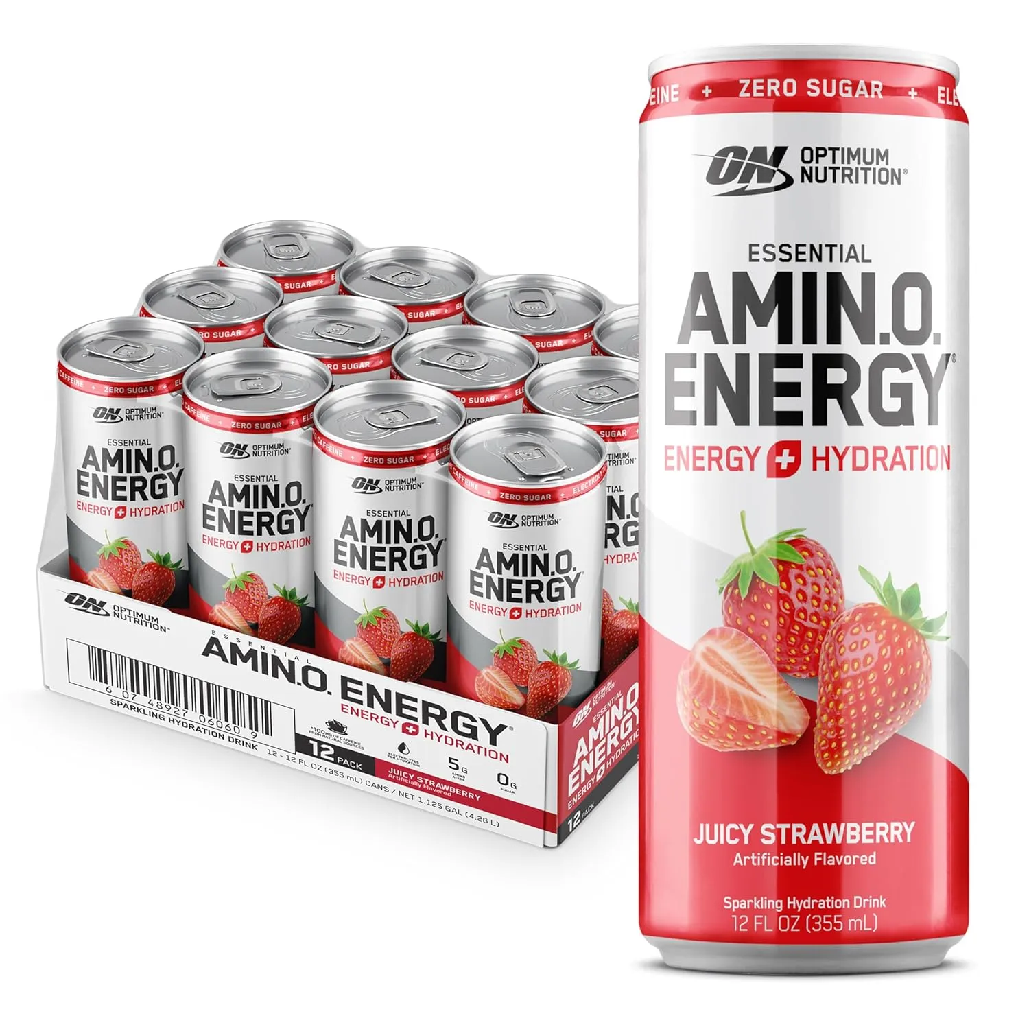 Optimum Nutrition Amino Energy Sparkling Hydration Drink, Electrolytes, Caffeine, Amino Acids, BCAAs, Sugar Free, Juicy Strawberry, 12 Fl Oz, 12 Pack (Packaging May Vary)