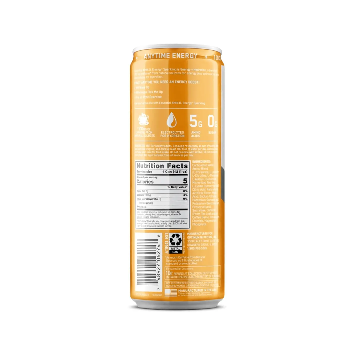 Optimum Nutrition Amino Energy Sparkling Hydration Drink, Electrolytes, Caffeine, Amino Acids, BCAAs, Sugar Free, Mango Pineapple Limeade, 12 Fl Oz, 12 Pack (Packaging May Vary)