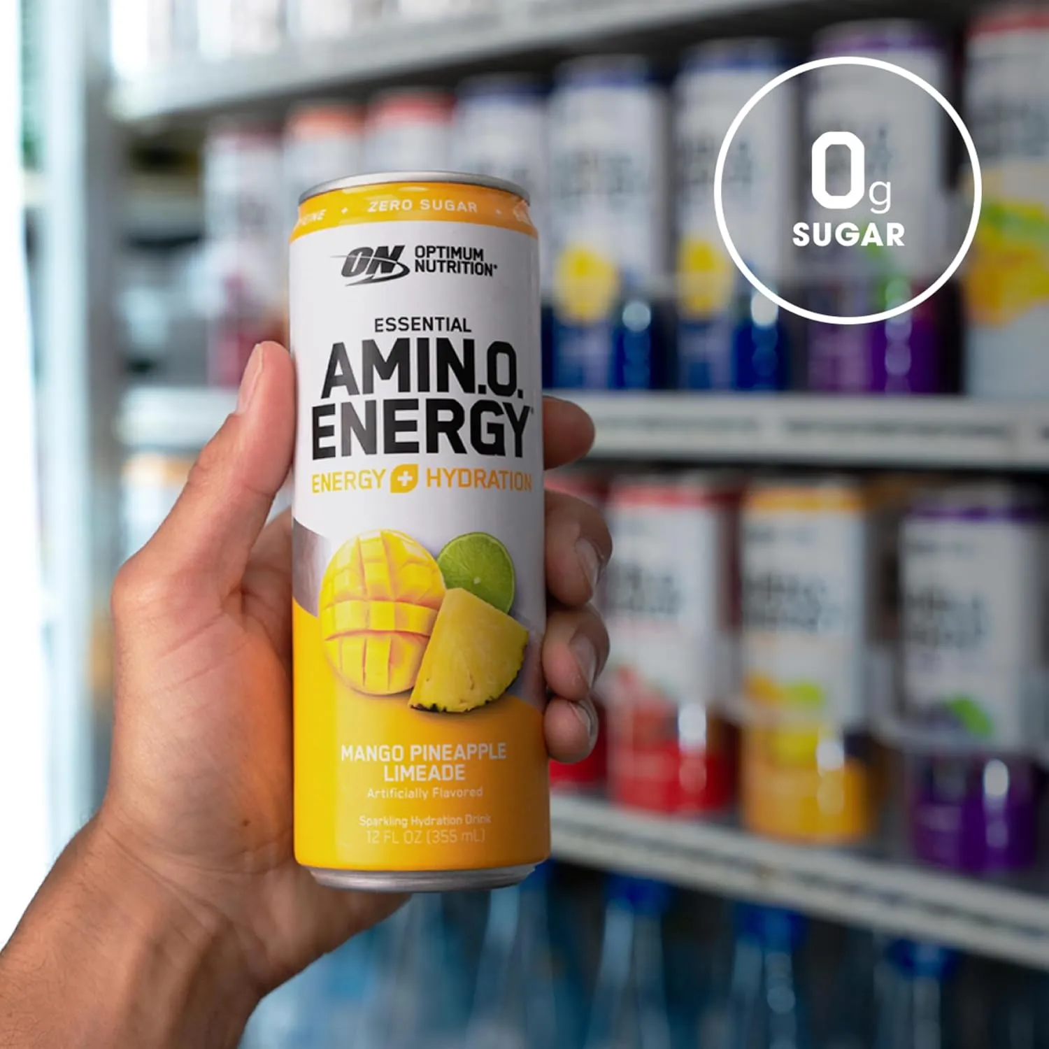 Optimum Nutrition Amino Energy Sparkling Hydration Drink, Electrolytes, Caffeine, Amino Acids, BCAAs, Sugar Free, Mango Pineapple Limeade, 12 Fl Oz, 12 Pack (Packaging May Vary)