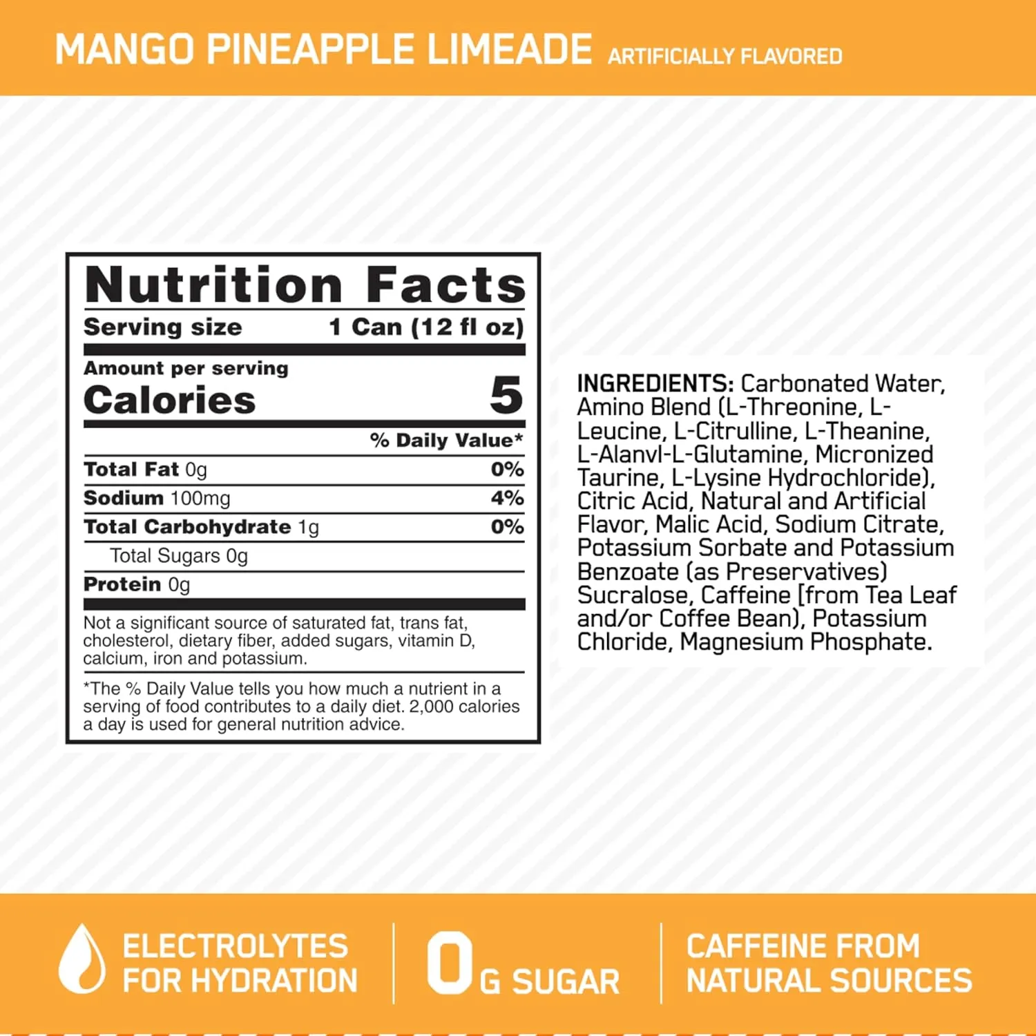 Optimum Nutrition Amino Energy Sparkling Hydration Drink, Electrolytes, Caffeine, Amino Acids, BCAAs, Sugar Free, Mango Pineapple Limeade, 12 Fl Oz, 12 Pack (Packaging May Vary)
