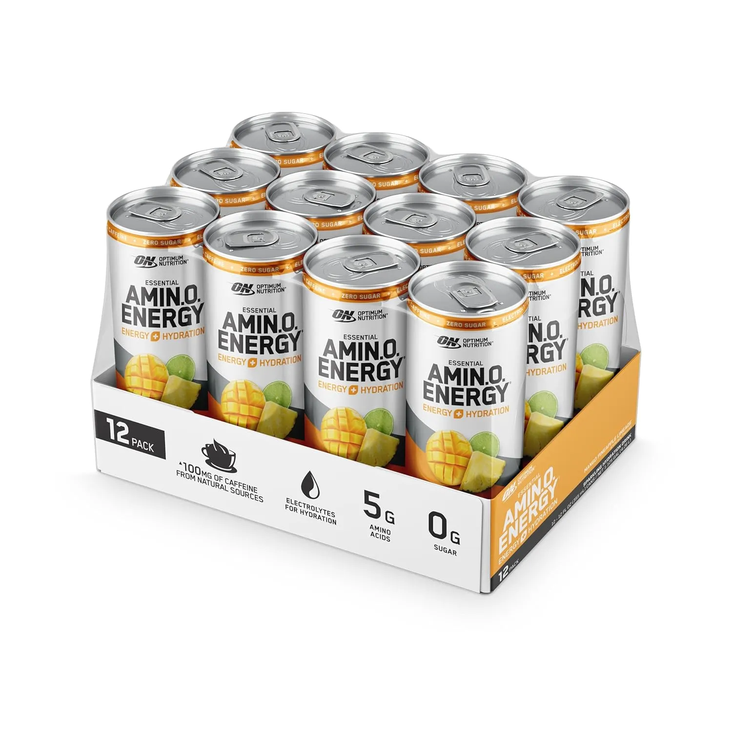 Optimum Nutrition Amino Energy Sparkling Hydration Drink, Electrolytes, Caffeine, Amino Acids, BCAAs, Sugar Free, Mango Pineapple Limeade, 12 Fl Oz, 12 Pack (Packaging May Vary)