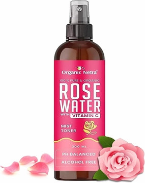 Organic- Netra Rose Water with Vitamin C | Exfoliates The Skin and Controls Oil | Excellent for Clearing Away Makeup & Dirt from Pores| Mist Spray for All Skin Type | Paraben and Alcohol Free -200ml
