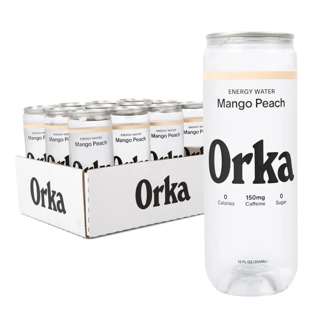 Orka Energy Water – Sugar-Free, Zero-Calorie, Non-Carbonated Caffeinated Water (12oz Cans, Mango Peach) | 150mg Natural Caffeine   Natural L-Theanine for Jitter-Free Focus & Energy