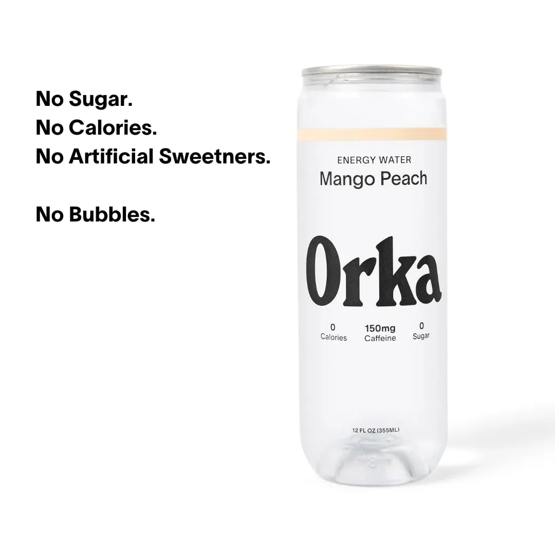 Orka Energy Water – Sugar-Free, Zero-Calorie, Non-Carbonated Caffeinated Water (12oz Cans, Mango Peach) | 150mg Natural Caffeine   Natural L-Theanine for Jitter-Free Focus & Energy