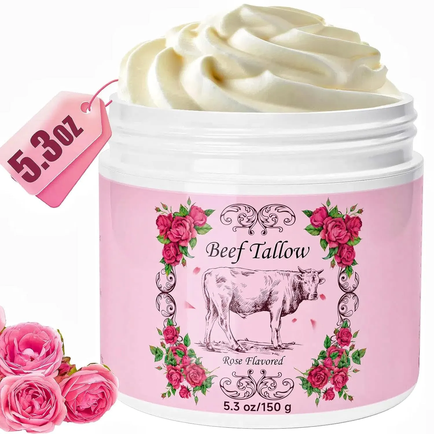Outccogo Beef Tallow for Skin, Beef Tallow for Face,Face Moisturizer, 5.3 OZ Extra Size Rose Scent Whipped Natural Tallow Blam Grass Fed Tallow Cream Moisturizer Body Lotion