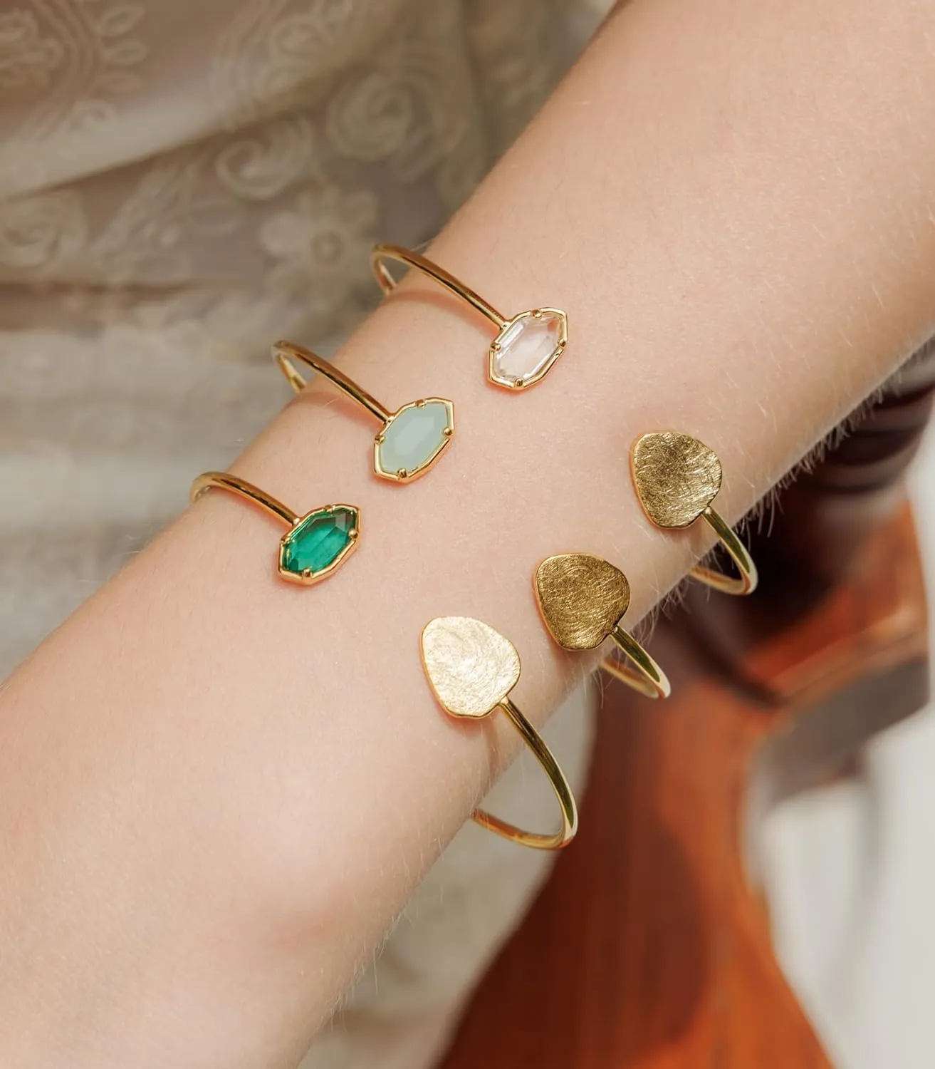 OZEL Cuff Bracelets for Women 18K Real Gold Plated Cuff Bracelet Colorful Crystal Gold Cuff Bracelets for Gifts (Green/Clear/Black/Pink Opal/White Opal)