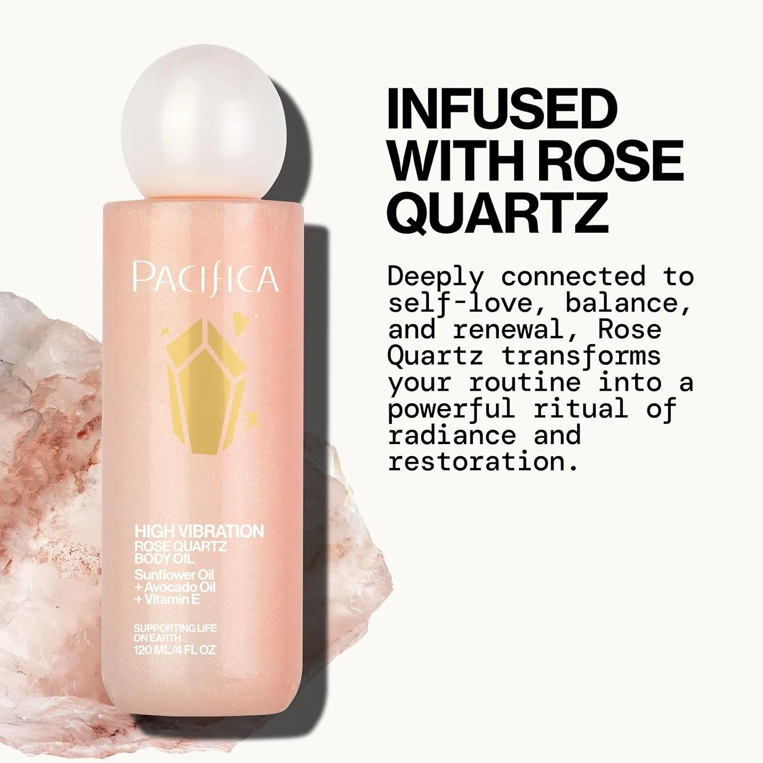 Pacifica Rose Quartz Body Oil – High Vibration Hydrating Body Oil with Natural Plant Oils & Rose Quartz Crystals, Moisturizing & Nourishing, Vegan & Cruelty-Free, Clean Beauty, Floral Scent, 4 oz