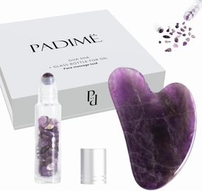 Padime 2 pcs | Premium Set Massage 2-in-1 | Amethyst Gua Sha   Glass Bottle for Oil Or Serum | Face Massage Tools for Face and Body in Beautiful Box for Gift For Women Mother Day