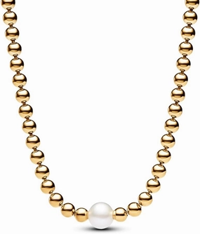 PANDORA Timeless Treated Freshwater Cultured Pearl & Beads Collier Necklace - Gift for Her - 14k Gold-Plated Necklace with Treated freshwater Cultured Pearl - With Gift Box - 17.7"