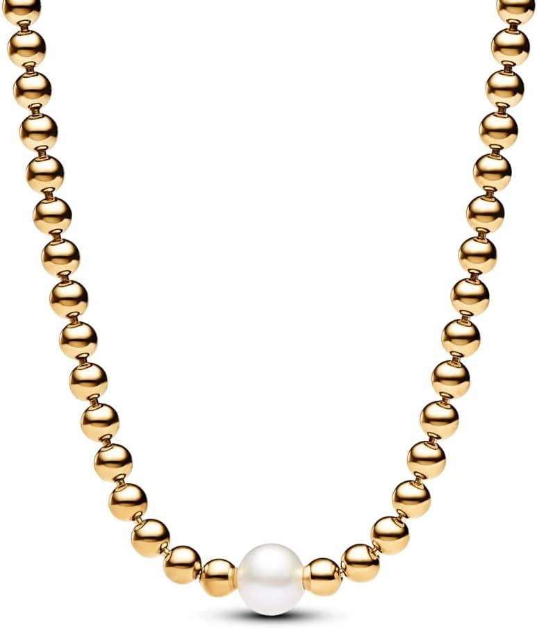 PANDORA Timeless Treated Freshwater Cultured Pearl & Beads Collier Necklace - Gift for Her - 14k Gold-Plated Necklace with Treated freshwater Cultured Pearl - With Gift Box - 17.7"