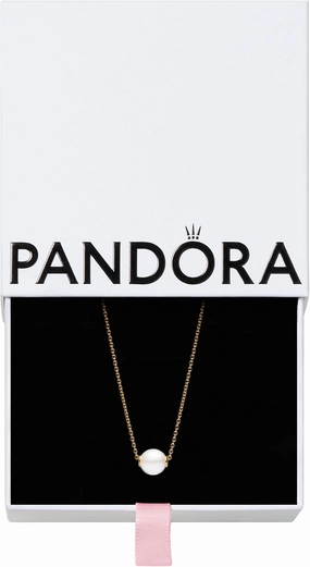 PANDORA Timeless Treated Freshwater Cultured Pearl Collier Necklace - Gift for Her - 14k Gold-Plated Necklace - With Gift Box - 17.7"