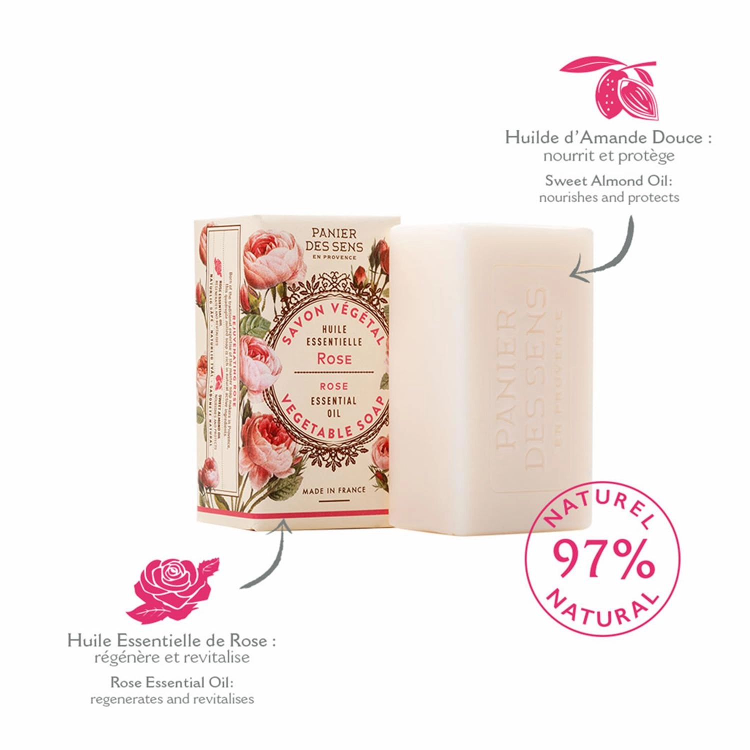 Panier des Sens - Rose Bar Soap - Moisturizing Gentle Scented Soap Bar - Natural Soap with Sweet Almond - 97% Natural Ingredients Made in France - Vegan Friendly - Body & Hand Soap Bars 2x5.3 oz