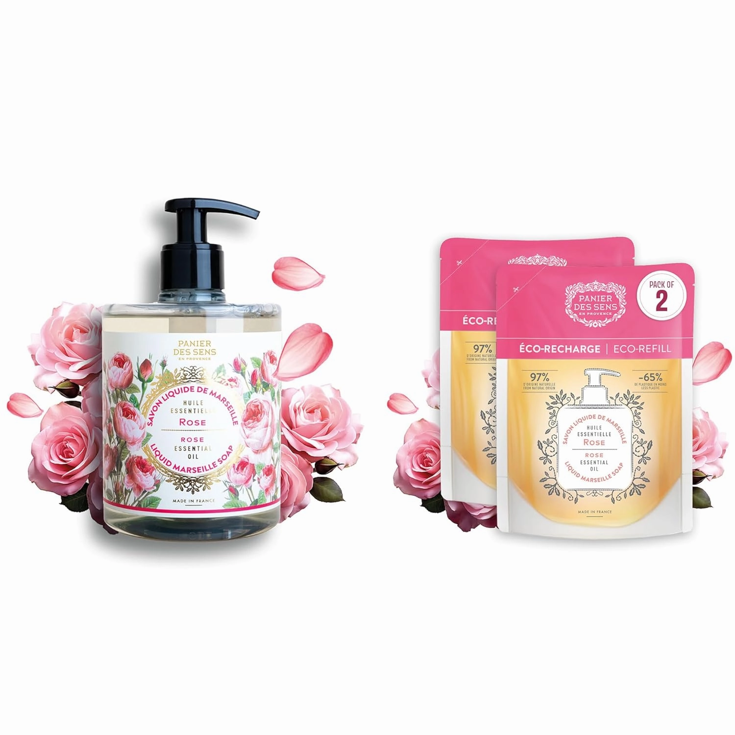 Panier des Sens - Rose Marseille Liquid Hand Soap   2 Hand Soap Refills - Moisturizing Soap with Coconut Oil - Bathroom & Kitchen Foaming Soap - 96% Natural Ingredients Hand Wash - 50.7 Fl.oz