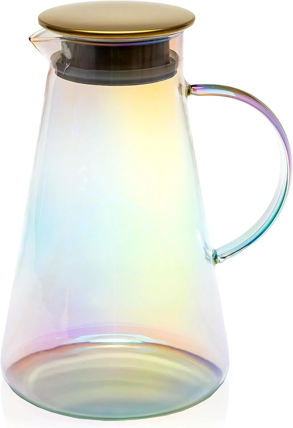 Paris Hilton Iridescent Glass Pitcher with Gold Lid, Rainbow Finish on Temperature Safe Glass, Two Way Pour Lid with Anti-Drip Spout, Made without BPA, 1.8-Liters/60-Ounce, Rainbow Iridescent