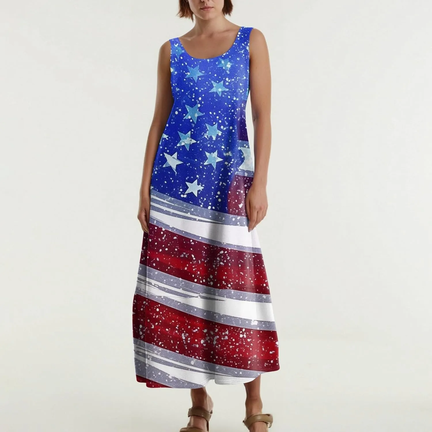 Patriotic Dress for Women Memorial Day USA Maxi Sundress American Flag Dresses Red White and Blue 4th of July Outfits