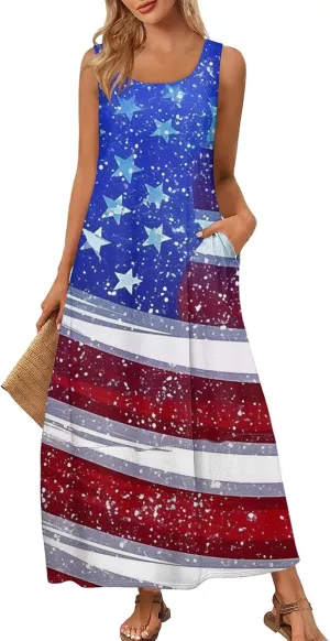 Patriotic Dress for Women Memorial Day USA Maxi Sundress American Flag Dresses Red White and Blue 4th of July Outfits