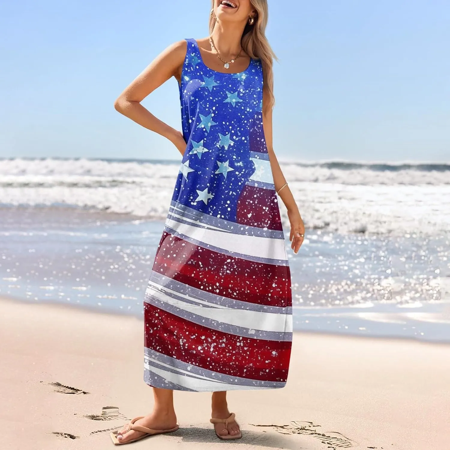 Patriotic Dress for Women Memorial Day USA Maxi Sundress American Flag Dresses Red White and Blue 4th of July Outfits