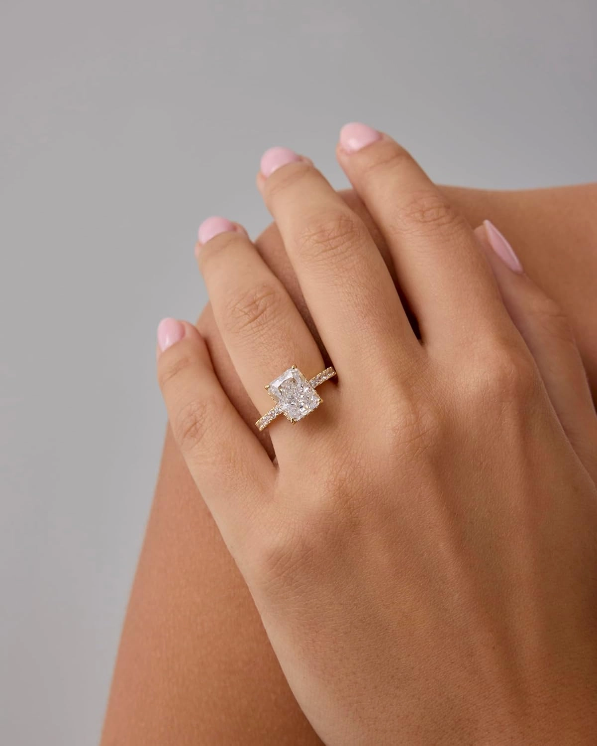 PAVOI 14K Gold Plated 3.5CT Square Radiant Cubic Zirconia Engagement and Promise Ring for Women - Hidden Halo Ring