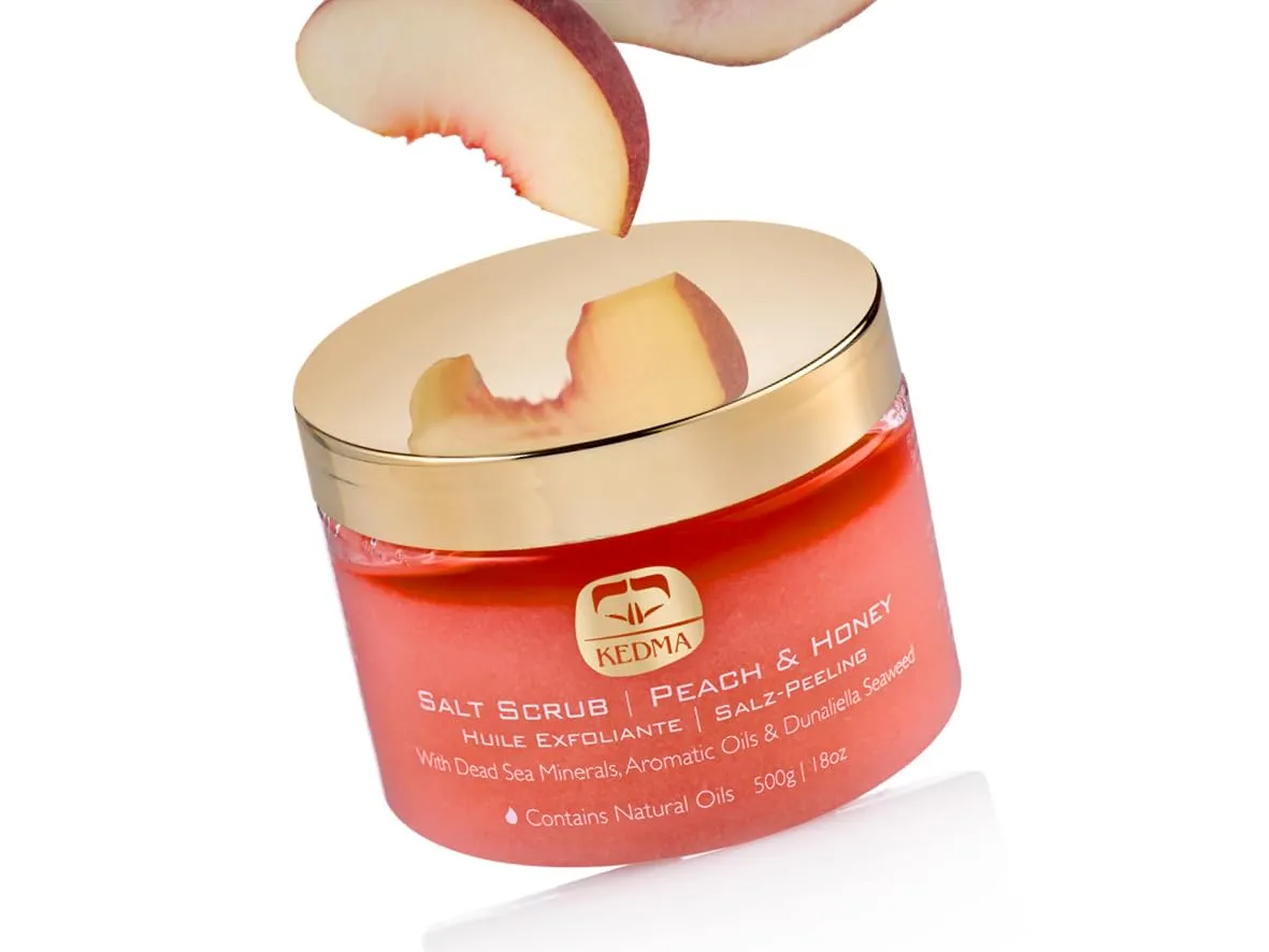 Peach & Honey Dead Sea Salt Scrub – Hydrating Salt Scrub Body Exfoliator with Almond & Mango Oils – Foot & Body Scrub for Women – Deep Nourishing Dead Sea Skincare - 18 oz