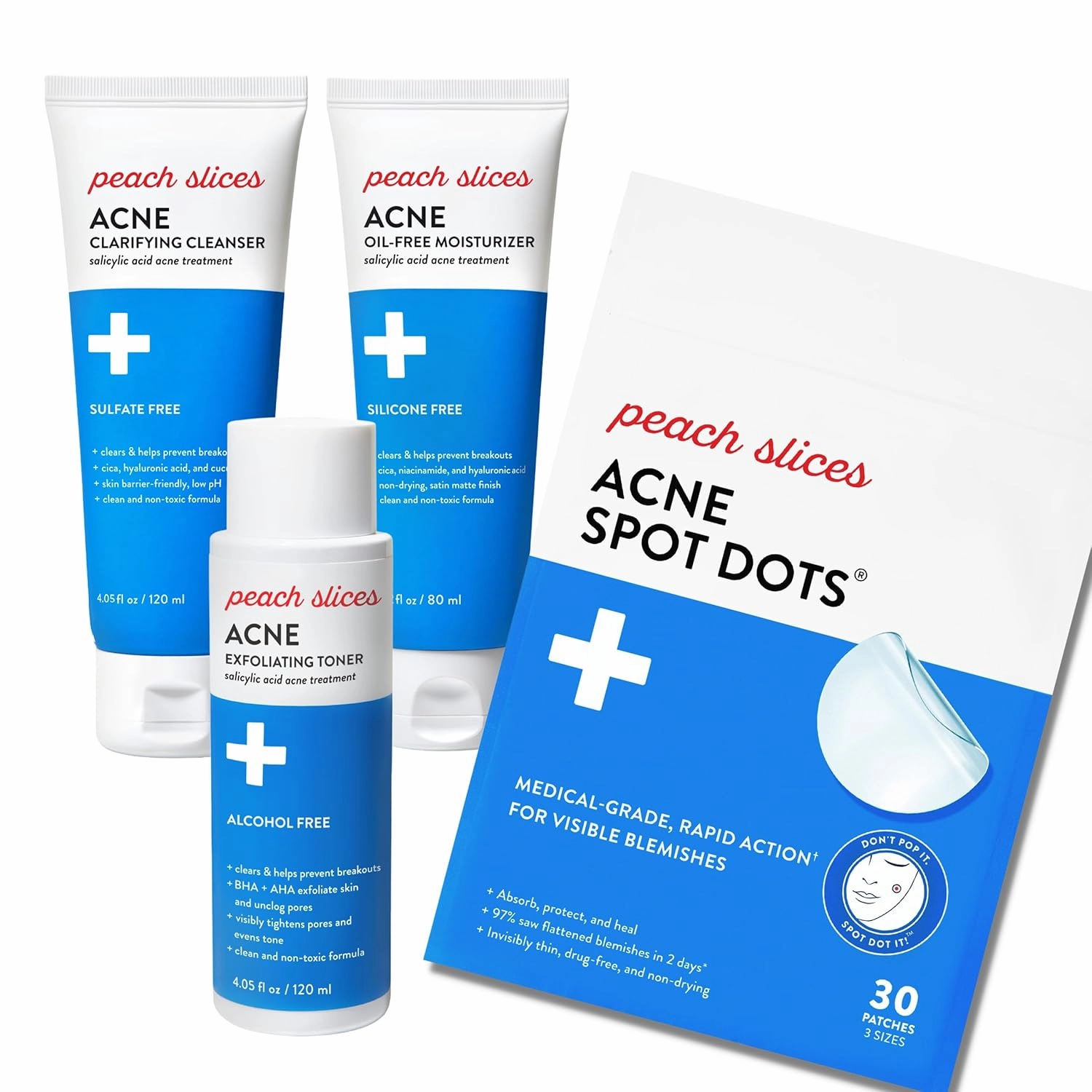 Peach Slices Acne Spot Dots, Exfoliating Toner, Clarifying Toner and Oil-Free Moisturizer Acne Fighting Bundle | Vegan and Cruelty-Free